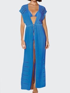 VIX Blue V-Neck Cover-up Caftan Dress with Cutouts and Drawstring Waist- XS